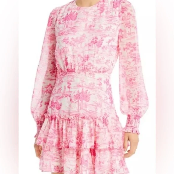 NEW!! Bloomingdale’s exclusive 💕💗 AQUA Toile Printed Ruffled Mini Dress, Sz Med. - Picture 7 of 8